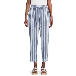 BeachLunchLounge Pants Women's S Linen Cotton Blue White High Rise Wide Belted
